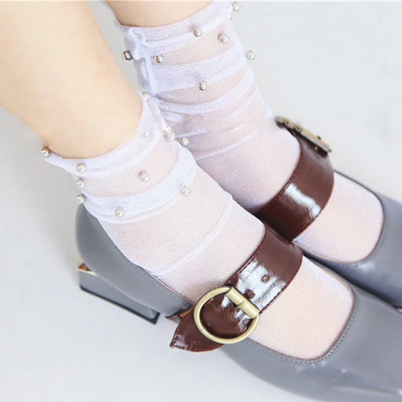 Модные женские блестящие сетчатые серебряные носки с бусинами блестящие мягкие носки прозрачные эластичные Чулочные изделия TS95