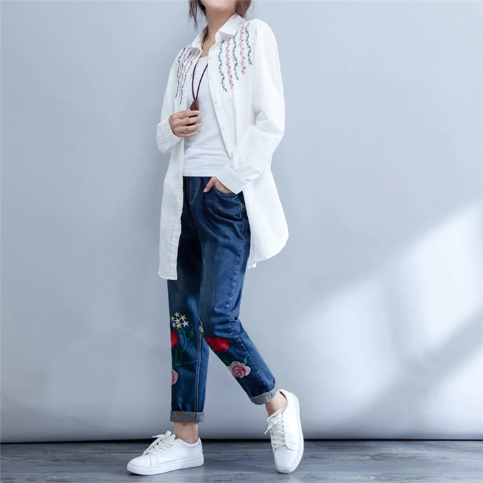 LXMSTH джинсовые брюки женские 2019 новые весенние цветочные женские джинсы с вышивкой плюс размер эластичный пояс брюки свободные шаровары jeans