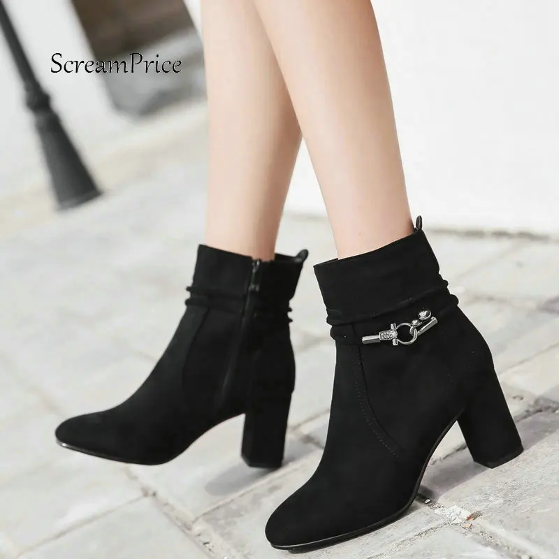 

Women Side Zipper Thick High Heel Ankle Boots Fashion Pointed Toe Crystal Warm Winter Shoes Black Khaki