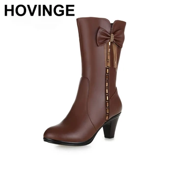 

HOVINGE New Rhinestones Bow genuine leather boots Winter Shoes Woman Snow Boots 2018 High Heels Knee High Boots Women Boots