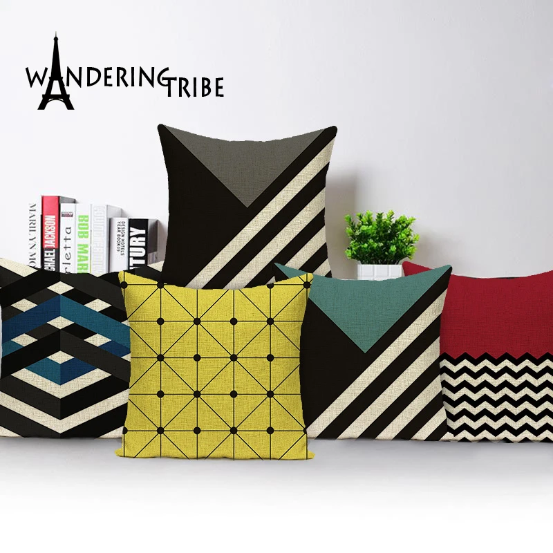 Decorative seat car cotton Home colorful Square soft Cushion Cover black wave Splice simple fashion suit Geometric pillow cover | Дом и сад