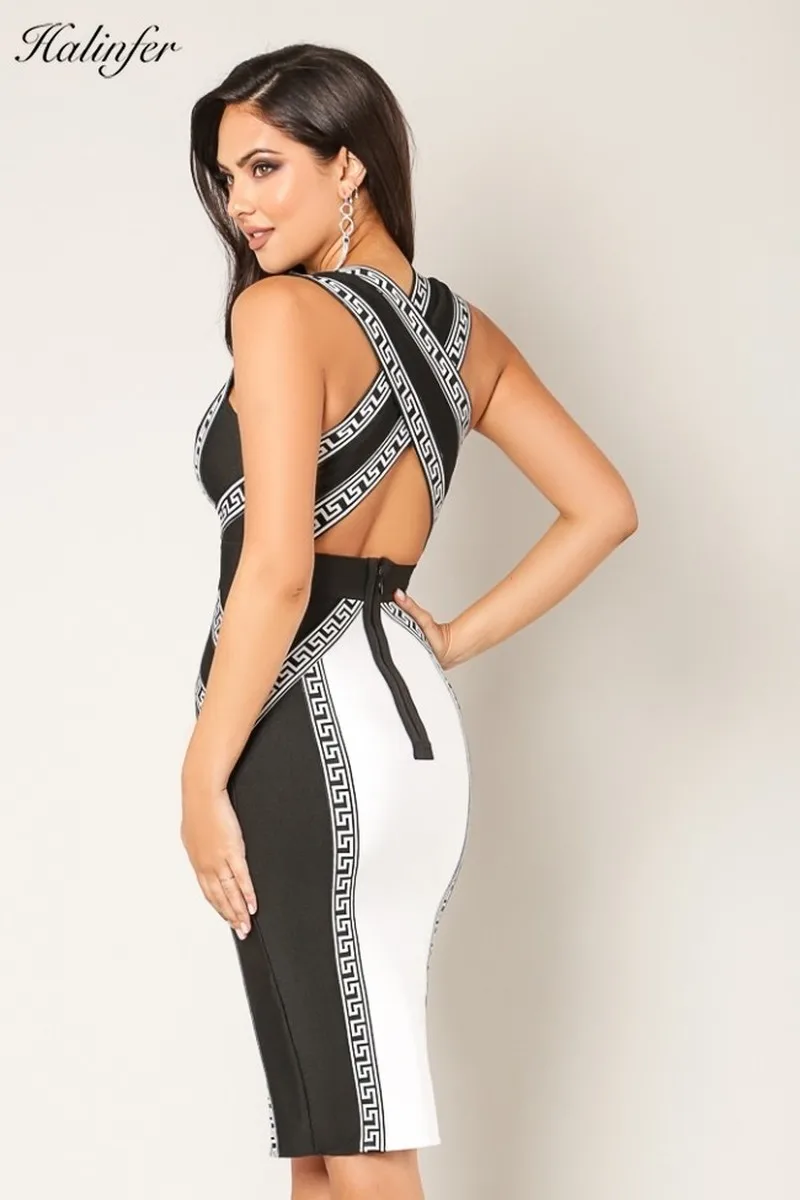 

Halinfer 2019 new summer women dress sexy bodycon v-neck hollow out bandage dress elegant celebrity party black dresses vestidos