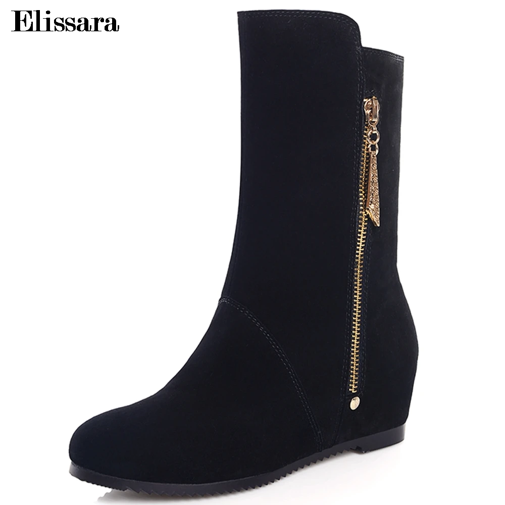 

Elissara Boots Women's Winter Natural Leather Boots Shoes Women Zip Med Heels Mid Calf Boots Height Increasing Black Shoes