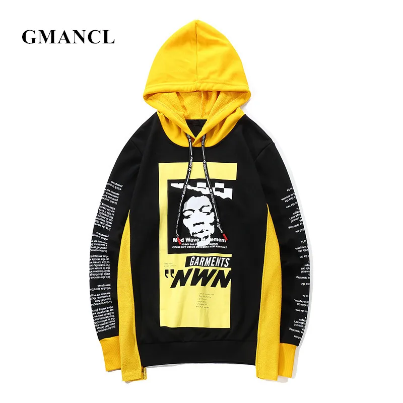 

GMANCL Loose Men Personality printing High street Hoodies Sweatshirts Men 2018 Autumn Hip hop Patchwork Hooded Casual Pullover