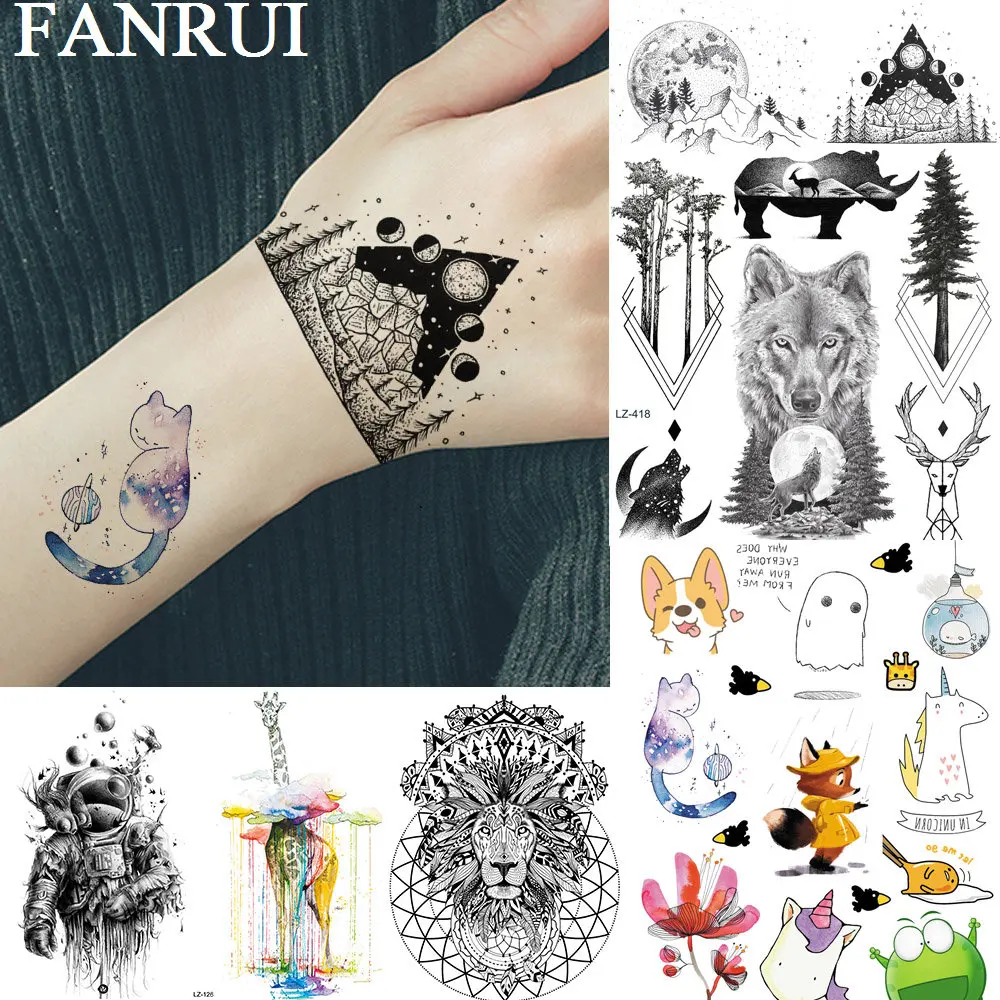 

FANRUI Mountain Moon Wolf Pine Tree Adult Temporary Tattoos For Women Sticker Geometric Fake Tatoos Body Art Wrist Custom Tattoo