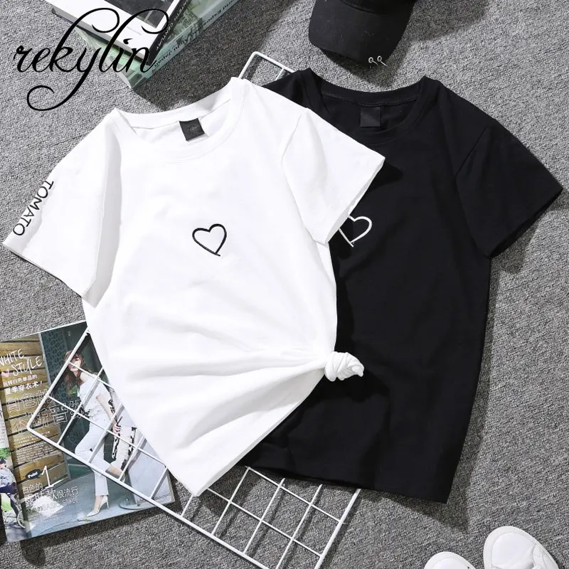 2019 Summer Couples Lovers T-Shirt For Women Casual White Tops Tshirt Women T Shirt Love Heart Embroidery Print T-Shirt Female