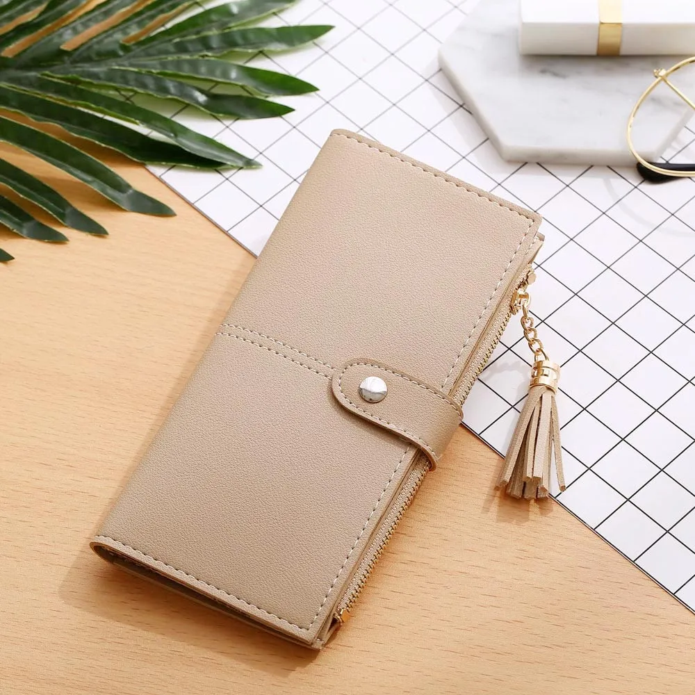 ShiningLove Fashion Retro Women Multipurpose Ladies Scrub Leather Long Clutch Purse Tassel Card Holder Pouch