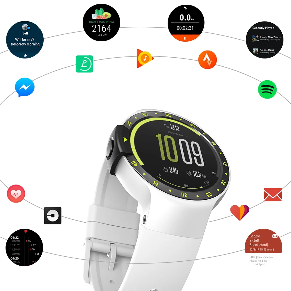 Ticwatch S Glacie Smart Watch Android Wear 2.0 MTK2601 Bluetooth 4.1 WIFI GPS Moving Music Heart Rate IP67 Water Resistant Watch