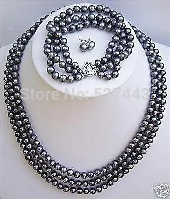 

Wholesale 3 rows 6-7mm black pearl necklace bracelet earrings set (A0423)