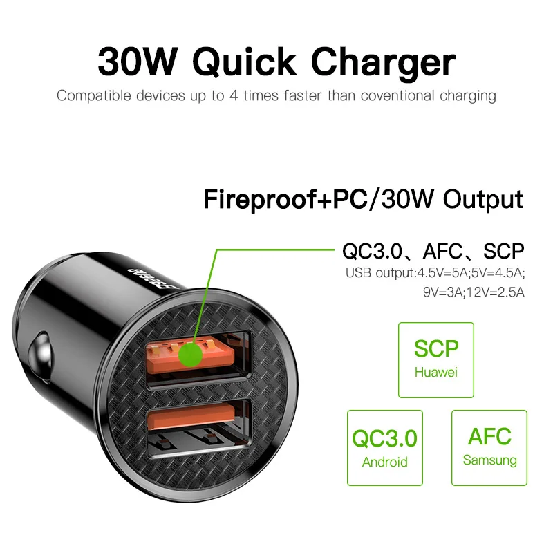 Baseus 30W Car Fast Charger Quick Charge 4.0 3.0 USB Type-C Fast Charging Car Phone Charger For Huawei Xiaomi iPhone 12