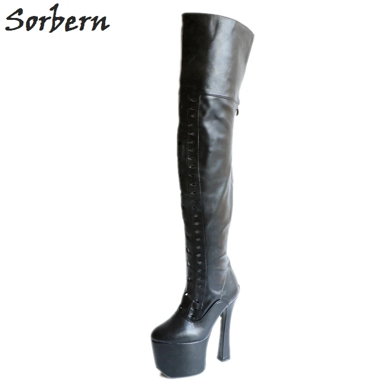 Sorbern/Розовый Блестящий Pu Сапоги выше колена для женщин 20 см/" супер высокий каблук 9 см обувь на платформе женские пользовательские цвета - Цвет: Black Matt