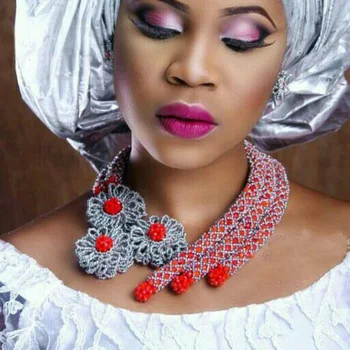 

Romantic Silver African Celebration Jewelry Sets Red Nigerian Costume Women Crystal Party Events Jewelry Accessories Gifts QW414