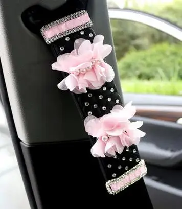 Цветочное украшение салона автомобиля Аксессуары для девочек Ladycrystal чехол для ремня безопасности Алмазный Кожаный чехол на руль тканевая коробка - Название цвета: Seat belts cover 1pc