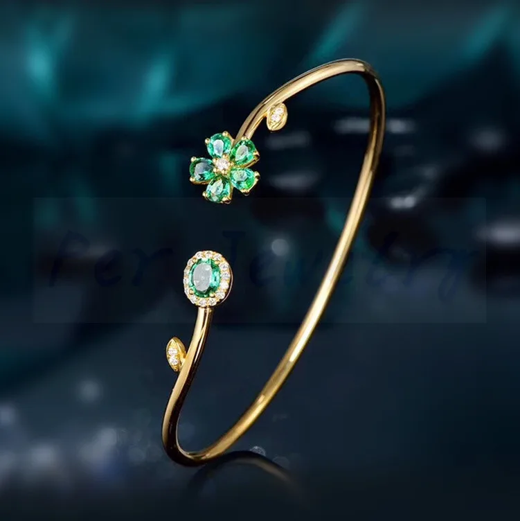 

Natural real remerald flower bangle 0.25ct*6pcs gemstone Free shipping 925 sterling silver Fine jewelry #YH193704BR