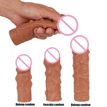 Reusable Male Dildo Enhancer Realistic Condoms Big Penis Sleeve Dick Extender Cock Enlargement Extension Condom Sex Toys for Men 2017 soft realistic dildo penis sleeve condom penis enlargement increase simulation male penis extension sex toy for men
