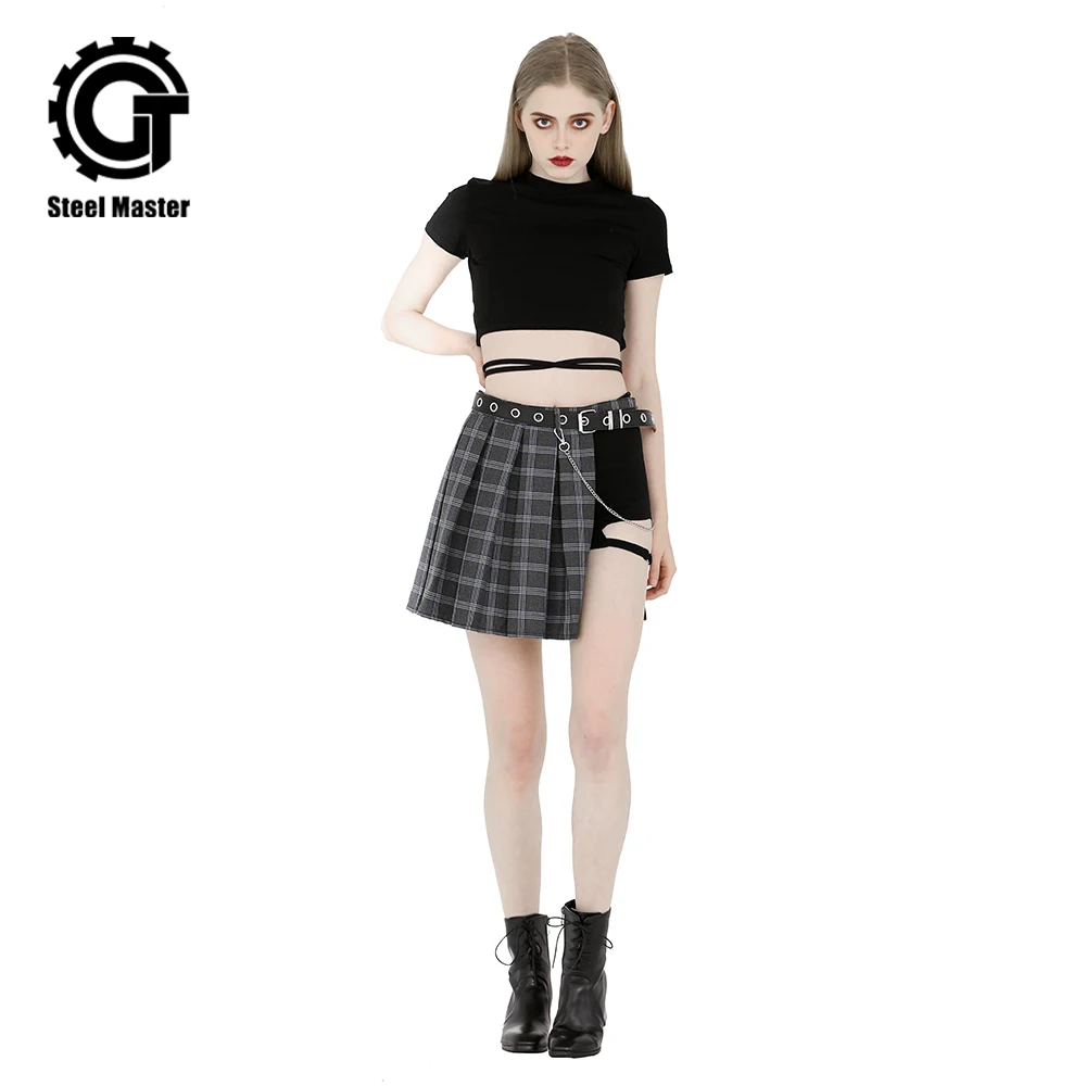 

Summer New Women's Steampunk Short-sleeved T-shirt Tops Anti-light Legs Pants High Waist Plaid Skirt Dark Suit