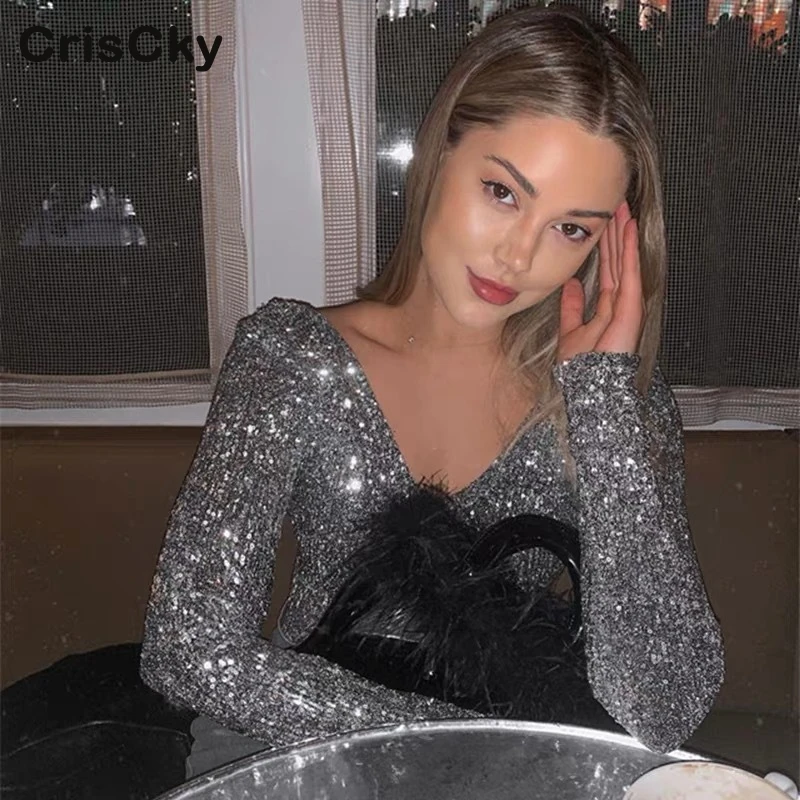 CRISCKY/2019 блузка с глубоким v образным вырезом женская футболка длинными рукавами и