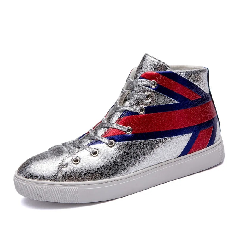 

British Style Men's Shining Skateboarding Shoes Boots Comfortable Sport High Top PU Leather Students Sneakers Walking Footwear