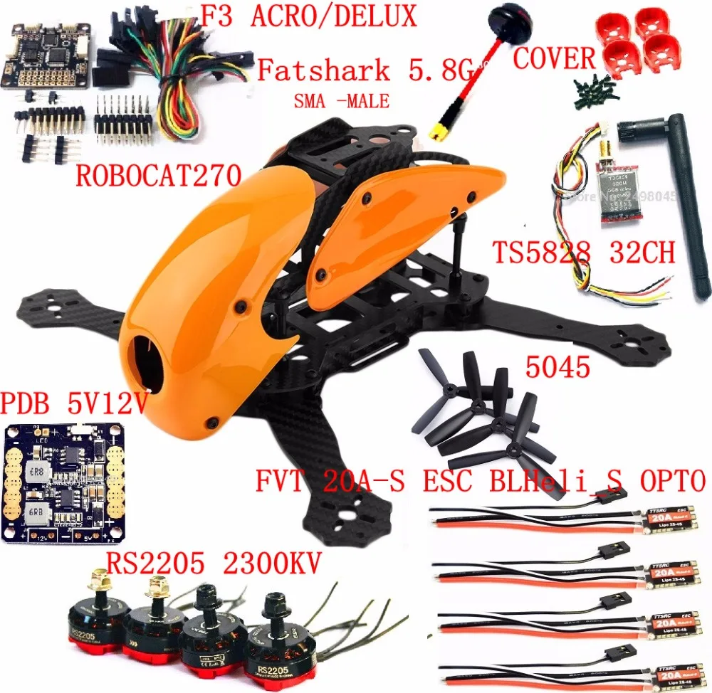 

Robocat 270 Quadcopter Frame F3/F4/F7/MINI PIX Flight Control RS2205 Motor20A BLHeli-s ESC Fatshark 5,8g Antenna 5V 12V PDB 5045