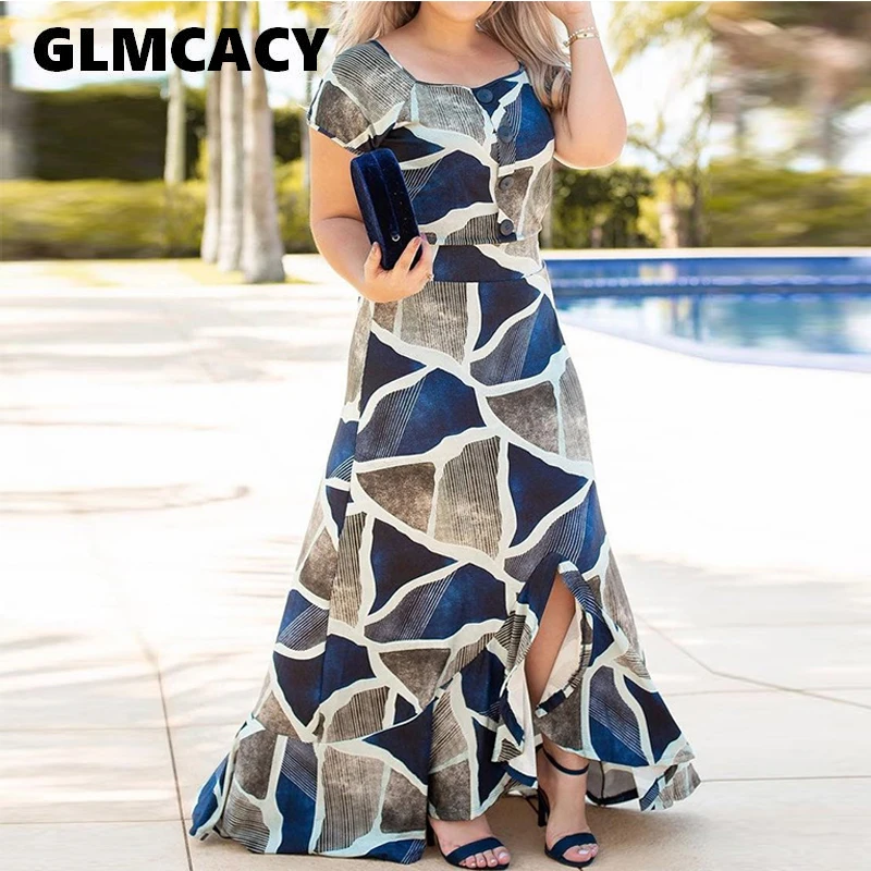 

Women Plus Size Short Sleeve Dress Asymmetrical Floor-length Pullover Streetwear Button Design Ankle-Length Square Collar Dress