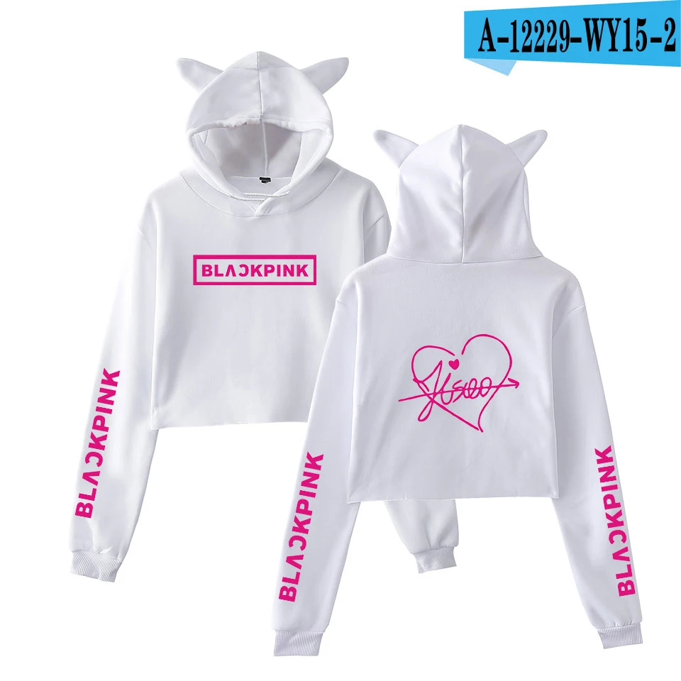 Blackpink harajuku Cat Ear Cap Hoodies fashion trend sala Cat Crop Top Women Hoodies Sweatshirt Sexy hot Kpop Clothes - Цвет: white