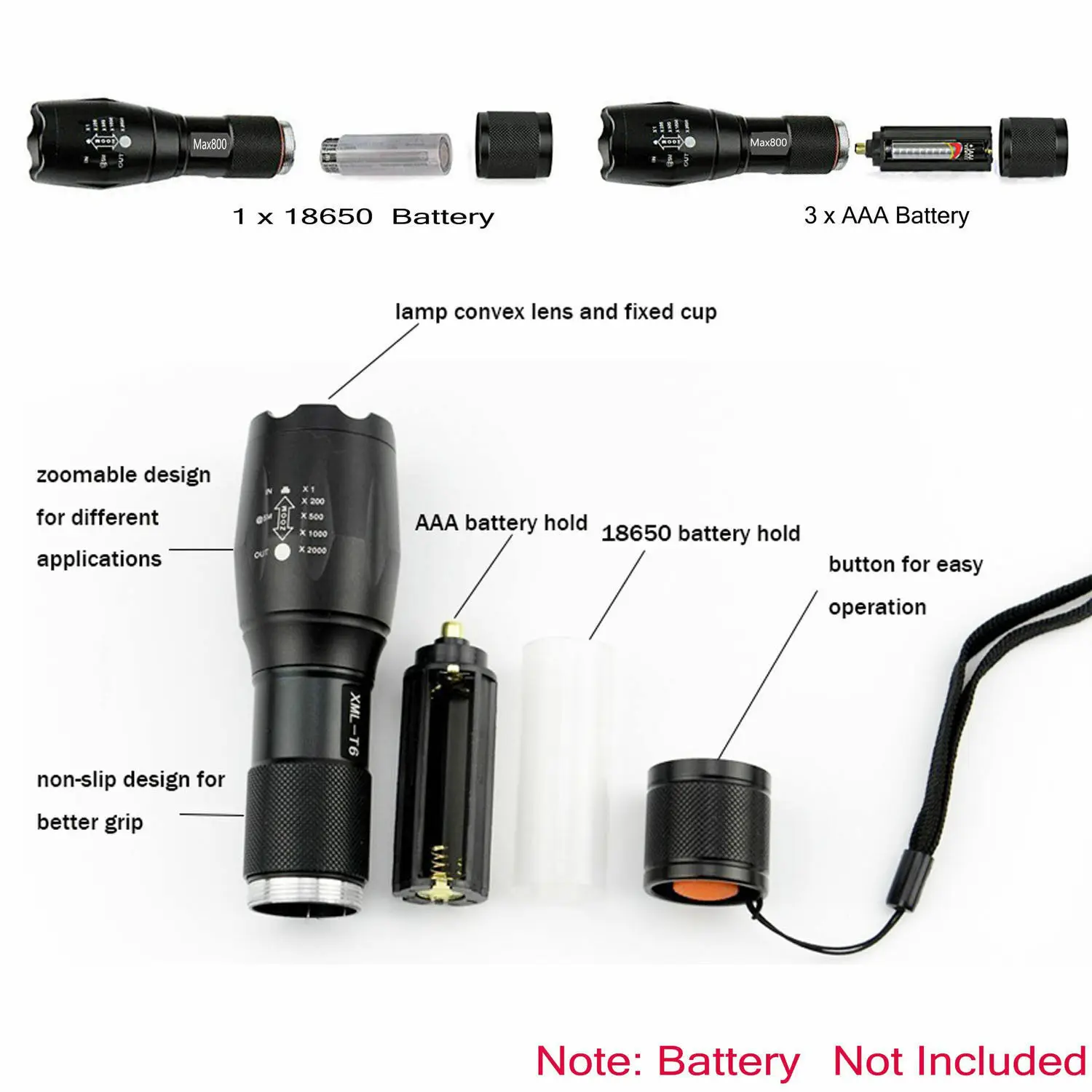 Outdoor Tactical LED T6 50000LM Lamp Flashlight Zoomable Torch 5-Mode 18650