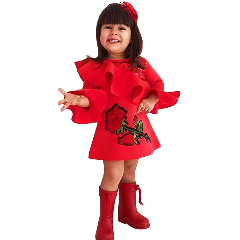 Toddler baby girls dress Ruffles Rose christmas dress Floral Embroidery Flrae Sleeve baby girls