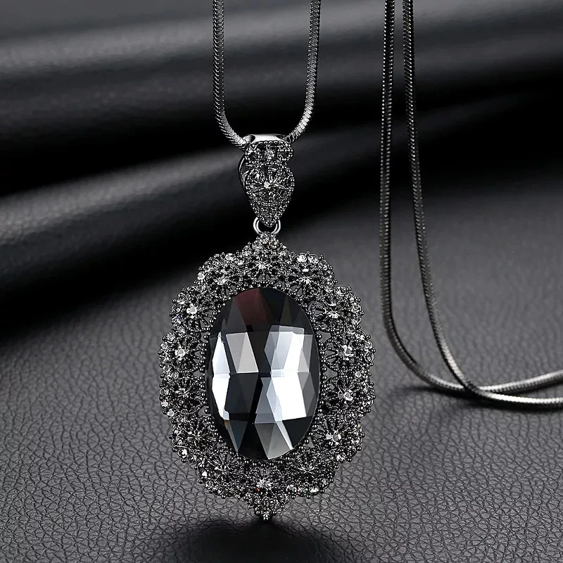 

SINLEERY Vintage Lace Pattern Oval Gray Cubic zirconia Pendant Long Necklace Women 2 Color Winter Chain MY086 SSI