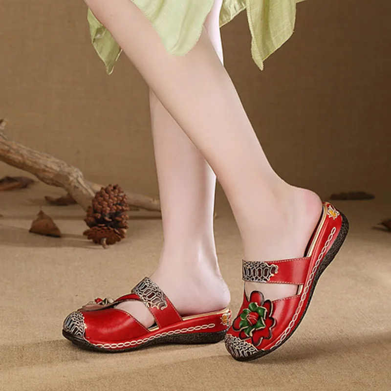 

2019 home summer new female sandals increased leather ethnic style cool drag handmade flower female slippers