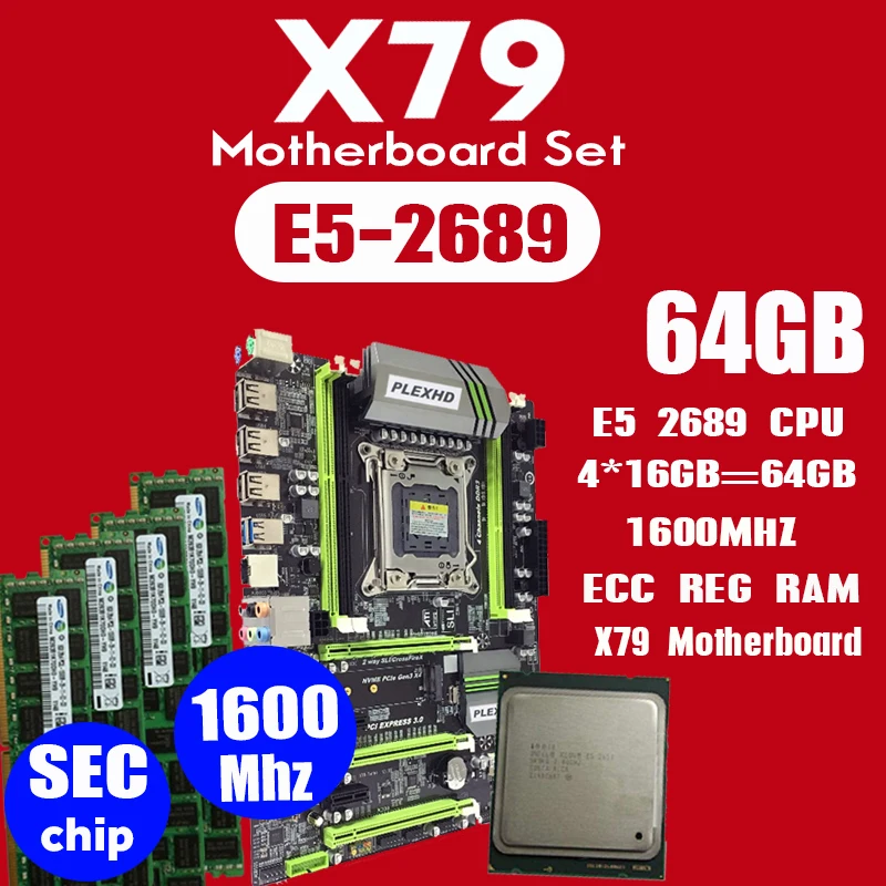 

PLEXHD X79 Turbo motherboard LGA2011 ATX combos E5 2689 CPU 4pcs x 16GB = 64GB DDR3 RAM 1600Mhz PC3 12800R PCI-E NVME M.2 SSD