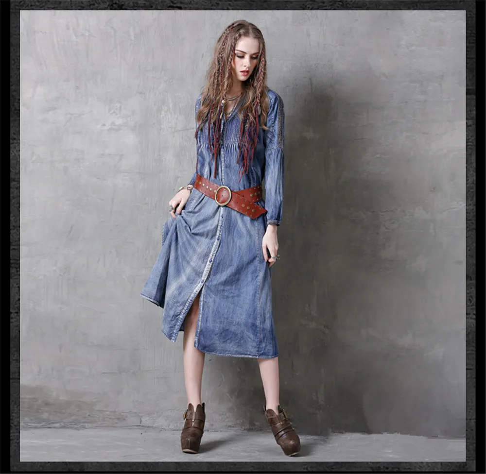 Vintage Spring Dress 2018 New Long Sleeve Denim Dresses V-Neck Patchwork Single Breasted Dress Women Vestidos Autumn Vestido (2)