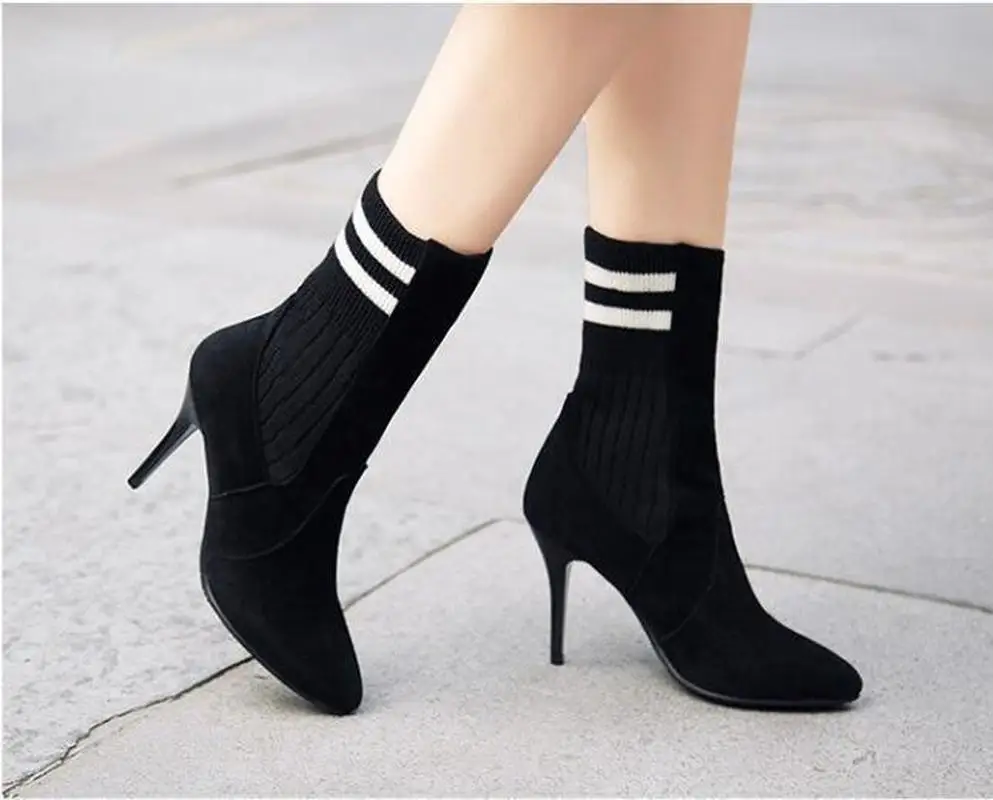 

US4-11 Ankle Boots Womens High Heel Stilettos Pointed Toe Knitting Stretch Slim Casual Shoes Plus Size Black Red A509