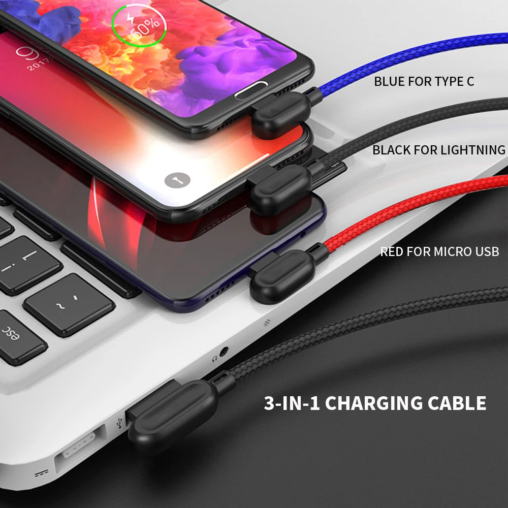 VOXLINK 3 в 1 USB кабель для iPhone XS MAX нейлоновая оплетка зарядное устройство Micro USB шнур для Android type C 90 градусов кабели для мобильных телефонов