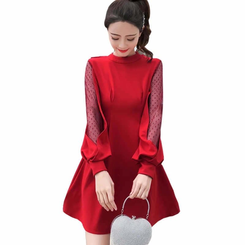 

Women Dress Vintage Mesh Lantern Long Sleeve Dress 2019 Spring A-line Korean Style Sexy Party Casual Red Black Mini Dress