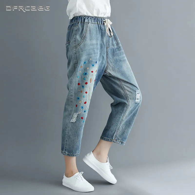 Plus Size Embroidery Denim Harem Pants Jeans For Women