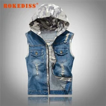 New Men’s Hooded Camouflage Denim Vest Men Camo Jean Brand Clothing Male Jeans Waistcoat Man Sleeveless Jackets M-2XL G269