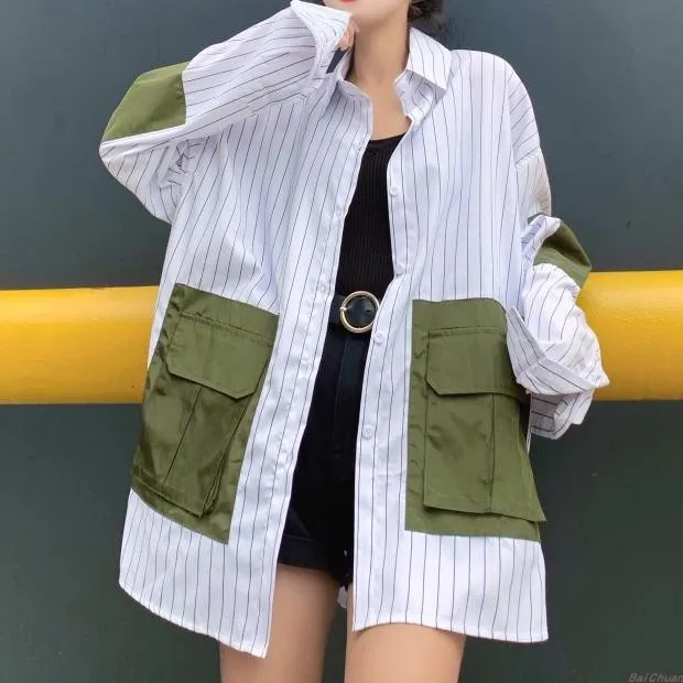 

[EWQ] Sweet Long Sleeve Striped Patchwork Bag Loose Large Size Shirt Fashion Safari Style Female Blouse 2019 Autumn New QJ43201