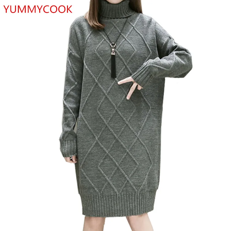 

YUMMYCOOK medium long section high collar Knitted sweaters female comfortable loose solid color base sweater women clothing A226