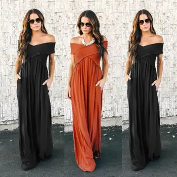 

Summer Fashion Sweet Lady Women Boho Solid Black Sexy Party Dance Holiday Off Shoulder Maxi Beach Sundress Party Maxi Long Dress