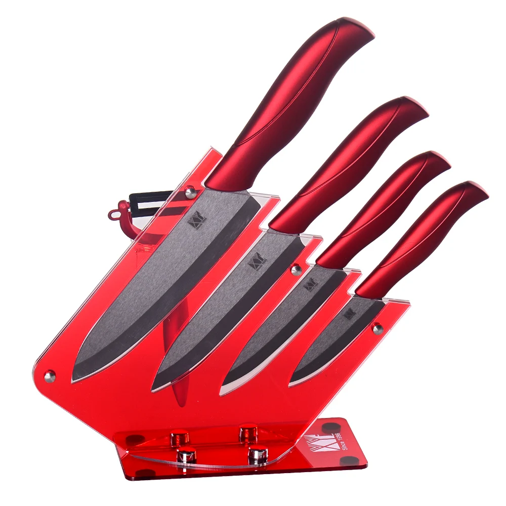 Red knife stand kitchen tools with ceramic peeler + 3, 4, 5, 6 inch