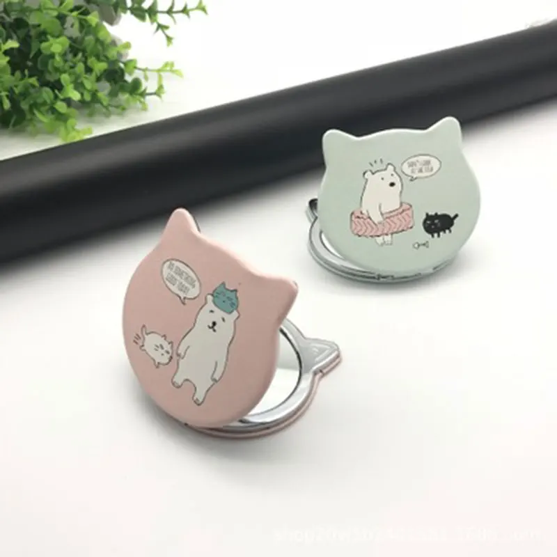 

HUAMIANLI Cartoon Cat Ears Small Mirror Folding Portable Makeup Mirror Bear Print Beauty Metal Mirror