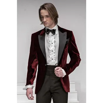 

Classic Burgundy Velvet Groom Tuxedo Peak Lapel Men Blazer Suit Men Slim Fit Prom Wedding Suits Costume Homme 2017(Jacket+Pants)