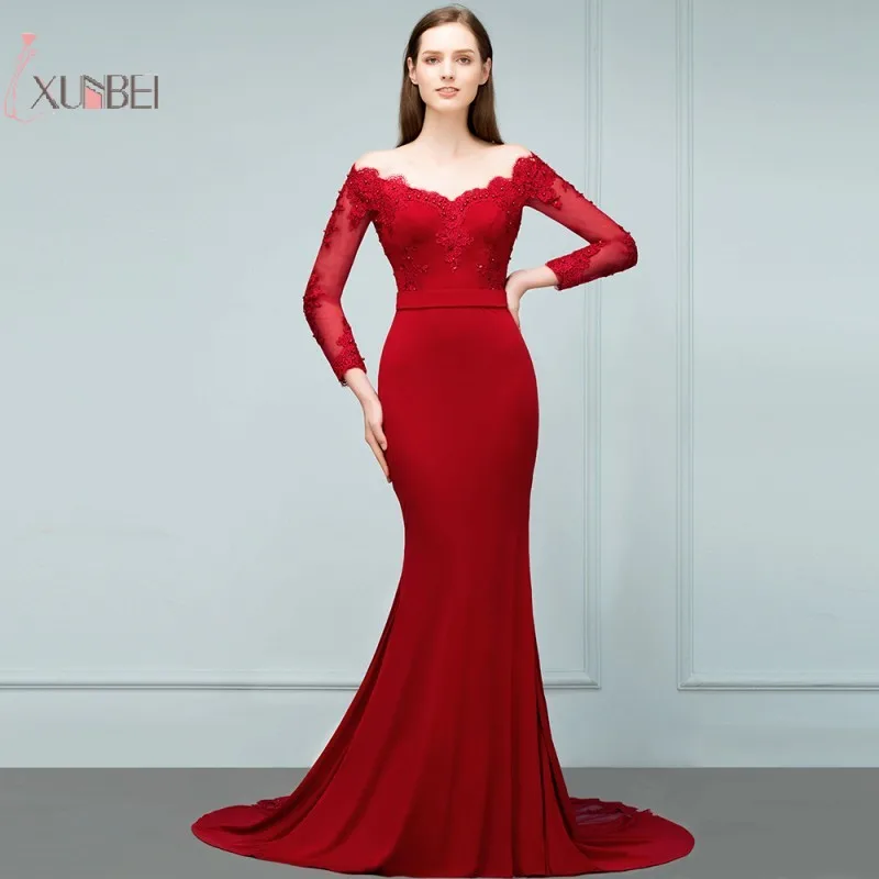 

2019 Elegant Burgundy Mermaid Long Sleeve Evening Dress Deep V Neck Beading Evening Gown robe de soiree longue