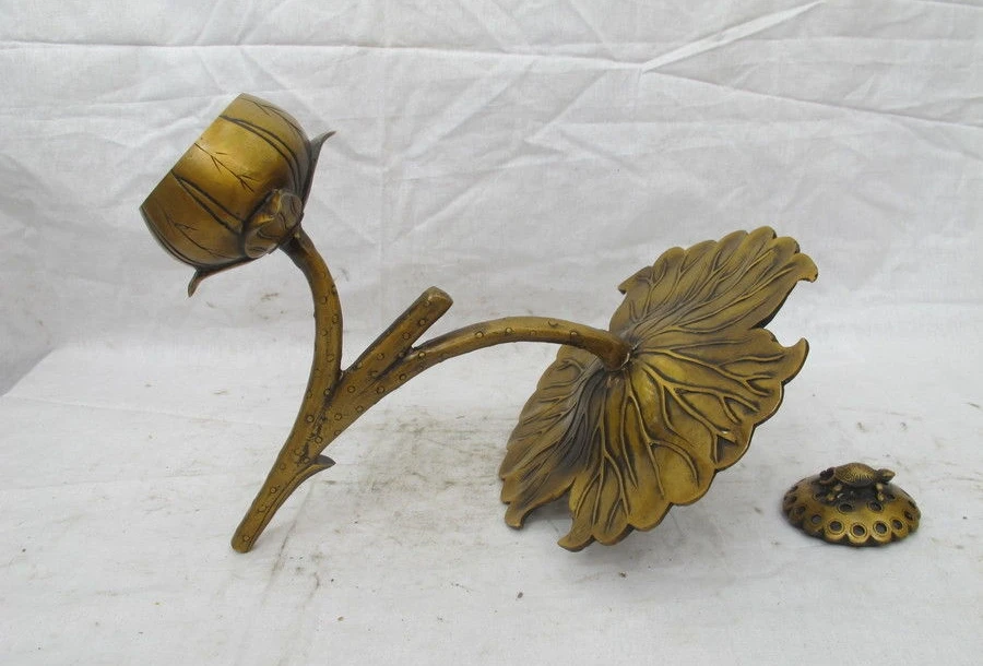

China Bronze Copper Lotus leaf twig tortoise Buddhism Incense Burner Censer a 0518