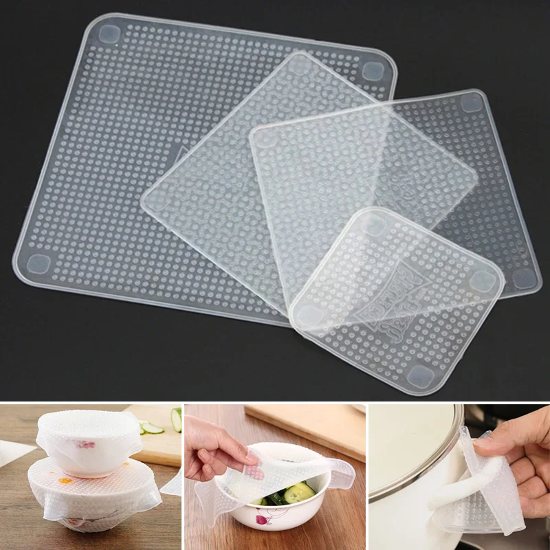 4Pcs Food Fresh Keeping Silicone Cover Wrap Reusable Food Wrap Seal