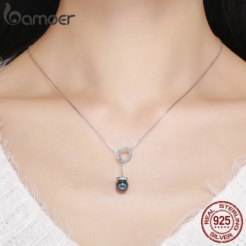 BAMOER 100% 925 Sterling Silver Circle Black Imitation Pearl Elegant Long Chain Women Pendant Necklace Silver Jewelry SCN200