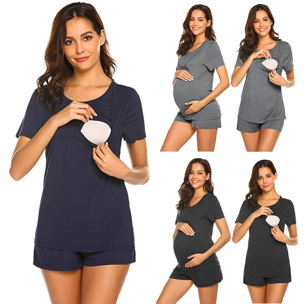 KLV Топ для беременных пижамы для больничный набор короткий рукав Грудное вскармливание для беременных кормящих пижамы 1,25
