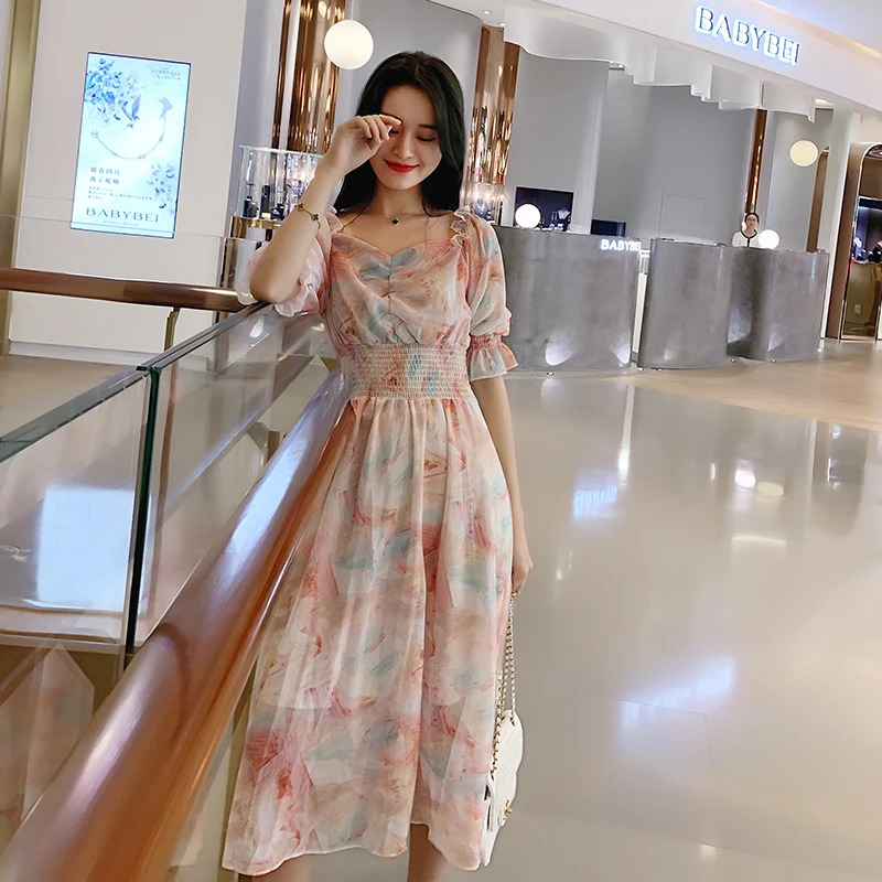 

2019 Summer Fashion Women's Clothing Flare Short Sleeve Slash Neck Dress Print Elastic Waist Chiffon Dresses Female