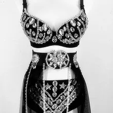 Новинка, женская модная сексуальная ручная работа, стразы, треугольник, черный бюстгальтер, короткая юбка комплект, Женский певец, DJ костюмы для выступлений