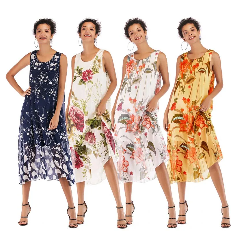 

WHZHM Summer Chiffon Loose Floral Party Dress Women Beach Sleeveless Chifffon Sexy O-Neck Elegant Printed Flower Dress Femme
